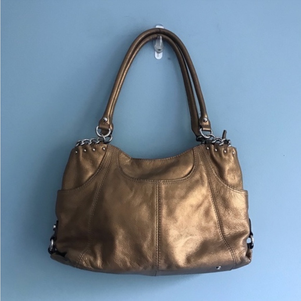 Tignanello Bronze Pebbled Leather Chain Accented Shoulder Hobo Bag